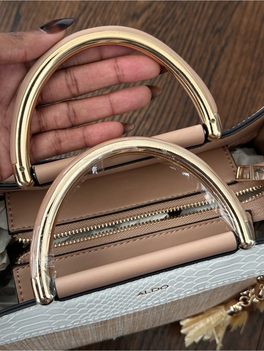 ALDO Beige, White & Tan Straw Satchel with Tassel Charm - Picture 5 of 6